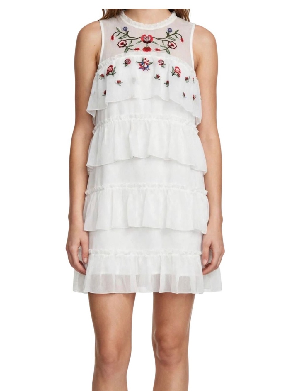 Sleeveless White Mini Dress with Floral Embroidered Yoke and Tiered Ruffles